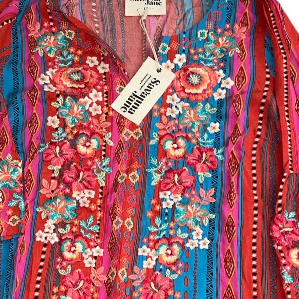 Savanna Jane Teal & Coral Floral Embroidered Tunic - Picture 5 of 7